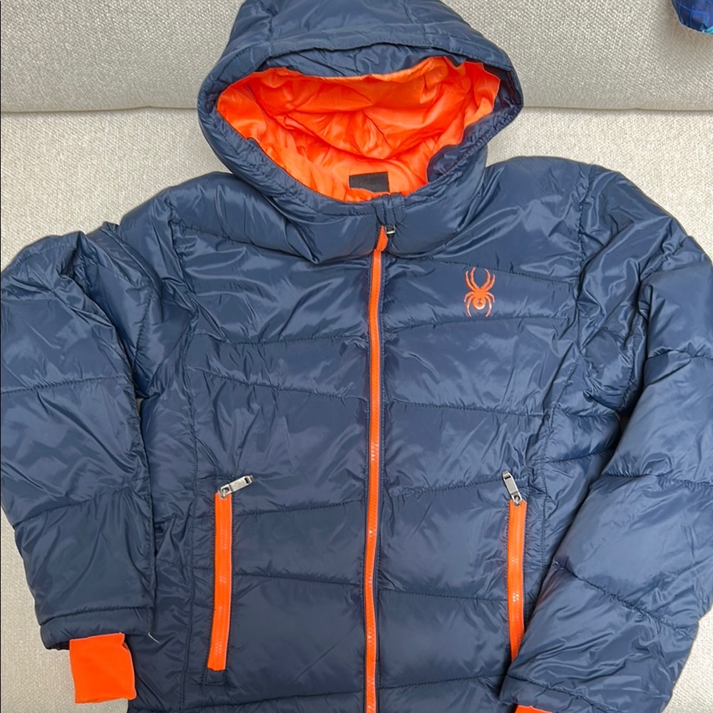 Navy and Orange Hooded Puffer Jacket
